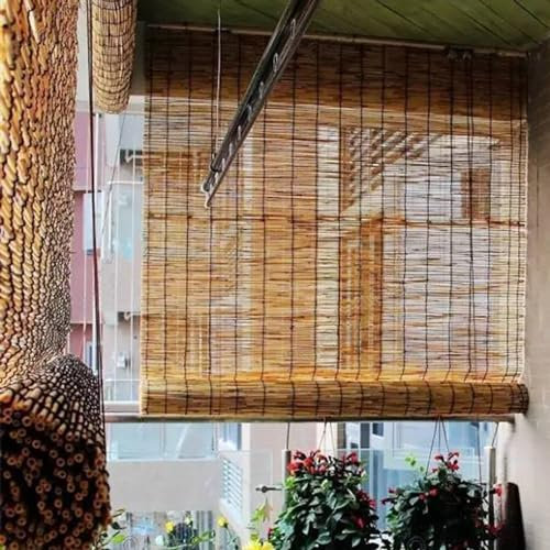 Bambusrollo Outdoor Rollo Thermo Bambus Jalousie Fenster Innen Raffrollo 50cm 70cm 80cm 100cm 110cm 150cm Breit Raffstore Sichtschutz/Lichtfilterung/Wetterfest für Balkontür Garten Aussenbereich (Col