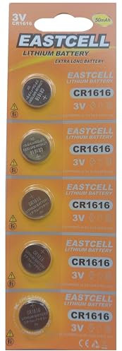 EASTCELL Lot de 5 piles bouton CR1616 au lithium - 50 mAh - Haute puissance - 3 V - Pour clés de voiture et télécommande