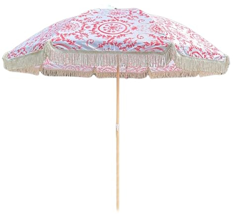 Boho-Strandschirm 220 cm mit Fransen, tragbarer Garten-Sonnenschirm für den Außenbereich, UPF50+ UV-Schutz, wasserdichter Sonnenschutz für Balkon, Meer, Pool
