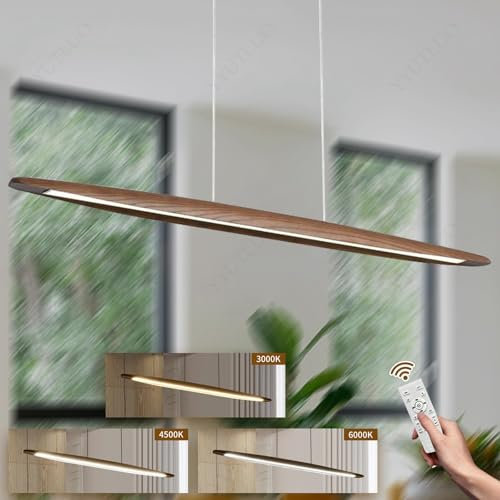 YYUTLUO LED Wood Pendant Light Dining Table Pendant Light, Brown Dimmable with Remote Control Pendant Lamp, Height Adjustable, Modern Linear Design Living Room Lamp Hanging Office Dining Room (130cm)