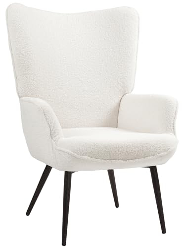 HOMCOM Ohrensessel gepolsterter Relaxsessel mit Armlehne, Metallbeine, Sessel im Modern-Stil, Loungesessel für Wohnzimmer, Schlafzimmer, Cremeweiß