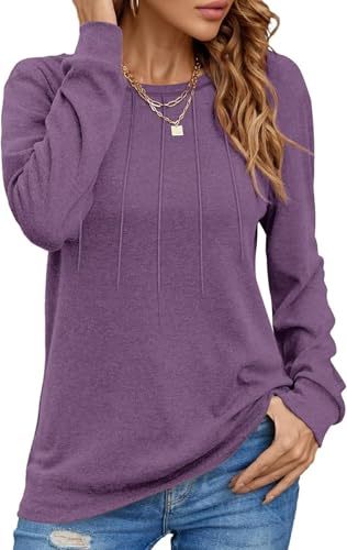 Tanmolo Damen Pullover Lässig Langarmshirt Elegant Herbst Winter Rundhals Sweatshirt Langarm Shirts Loose Plissee Oberteile Lila L