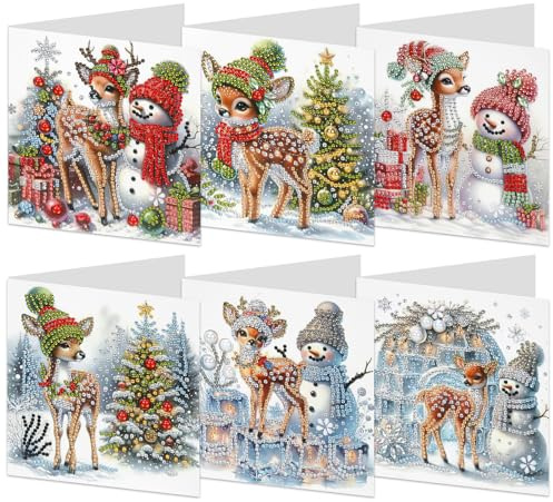 Diamond Painting Karten, 6 Stück Diamant Kunst Weihnachtskarten, 5D DIY Schneemann Grußkarten, Handgefertigte Festivalpostkarten