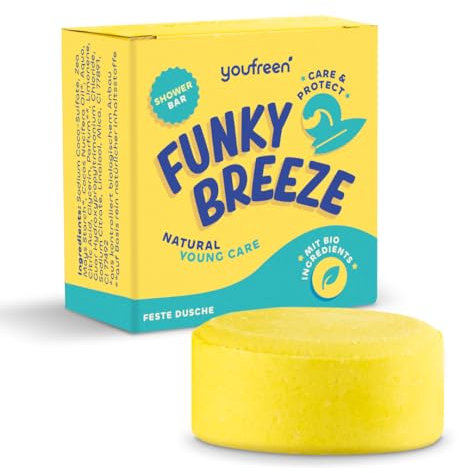youfreen Feste Pflegedusche für Kinder, Teens & Erwachsene, vegane Duschpflege mit Bio Kokosöl, feste Dusche Naturkosmetik für Feuchtigkeit (funky breeze)