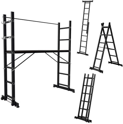 Fiqops Ponteggio 4 in 1 in alluminio max 276 cm, portata fino a 150 kg, struttura versatile, piattaforma di lavoro mobile e 2 ruote, scala per ponteggi, 2 x 6 pioli, colore nero