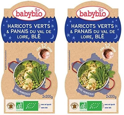 Babybio Bols Haricots Verts/Panais du Val de Loire/Blé 400 g (Lot de 2)