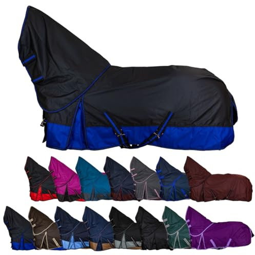 RL24 - Weidedecke Full Neck Basicline 600D Nylonfutter m. Füllung – Pferde Winterdecke – wasserdichte Outdoordecke m. Kreuzbegurtung – Pferdedecke in Schwarz/Royalblau – Größe 115cm (100g/m²)