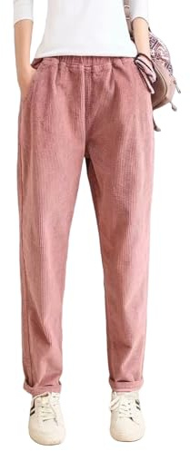 Himifashion Pantalon décontracté en velours côtelé pour femme Taille élastique, rose, M