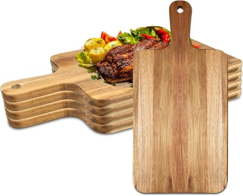 Lot de 5 planches à découper en bois d'acacia avec poignée - Planches à découper en bois pour viande, pain, fruits, fromage - Planche de service, planche à charcuterie, blocs de découpe - 7,8x15,7 pou