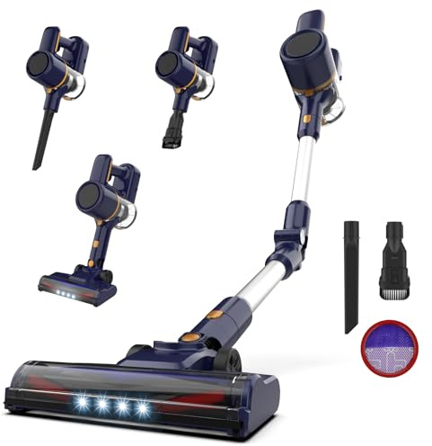 Vastorm Aspirapolvere Senza Fili, Scopa Elettrica Senza Fili 20KPa, 45Min, Luce LED, Due Filtri a Spugne, Pavimenti Tappeto Peli di Animali Domestici - Blu-oro
