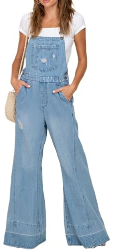 SANSIWU Women's Denim Bib Overalls Jeans Pants Adjustable Straps Pockets Baggy Wide Leg Flared Jean Dungaree Jumpsuits (A-Blue, L)