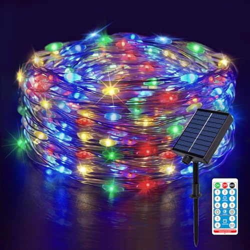 Meision Catena luminosa solare per esterni, 20 m, 200 LED, filo di rame con timer + telecomando + 8 modalità + IP65, resistente alle intemperie, catena di Natale per balcone, festa, bianco caldo