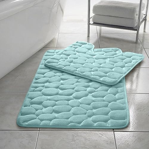 EXQUIZIT HOME® Luxury Memory Foam Bath Mat Set 2 Piece – Non Slip Pebble Bathroom Rug & Pedestal Mat, Quick Dry Ultra Absorbent Soft Cushioned Mats 100% Polyester (Aqua)