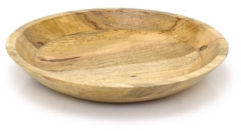 Carousel Home Natural Mango Wood Shallow Fruit Bowl | Large Round Wooden Fruit Bowl | Rustic Kitchen Serving Dish - 37cm
