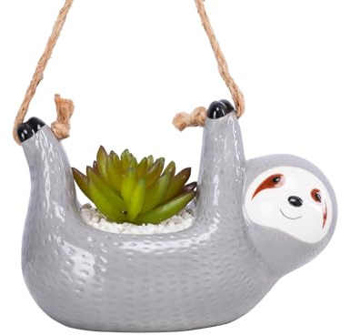 Chonsun Small Fake Succulent Plant in Sloth Ceramic Pot Hanging Small Artificial Succulent Plants Desk Plant for Home Office Shelf Decor