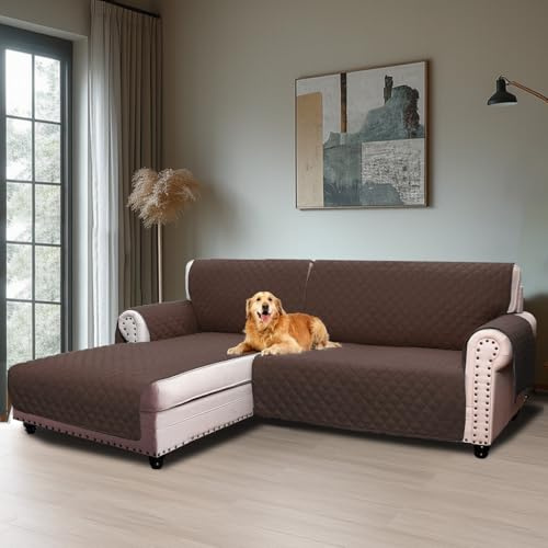 BellaHills Sofabezug L Form 2 Sitzer (205cm), Couch Überzug L Form Mit Armlehne, Ecksofa Bezug Links Für Hund Katze, Sofa Überzug Eckcouch rutschfest Sofa Auflage für Wohnzimmer, Braun