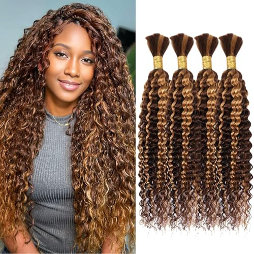 Extensions de cheveux humains ondulés en vrac pour tresses bohèmes - Pour tresses - 100 % sans trame - Extensions de cheveux humains brésiliens vierges et bouclés - Pour tresses bohème - P4/27#, 50,8