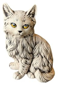 Ukrainisches Kunsthandwerk Zottelige Katze, Weiß-Antik Keramik-Skulptur, Fensterdekoration. Gartenfigur, Katze als Geschenk für Katzenliebhaber