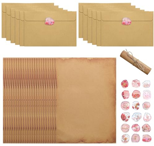 54 Pcs Vintage Writing Paper and Envelopes, Letter Writing Set with 12 Letter Envelopes, 24 A5 Vintage Paper and 18 Wax Seal Stickers, Vintage Kraft Paper Envelopes for Love Letter, Wedding, Birthday