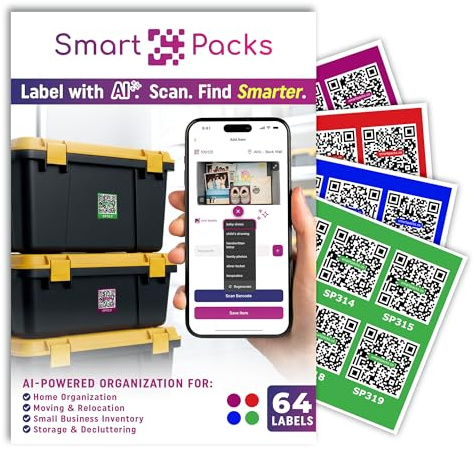 SmartPacks Colored QR Stickers - Premium Smart Labels for Storage Bins with AI-Powered App | Advanced Pack and Track Labels with QR Code for Inventory, Storage, Moving | 64 Stickers