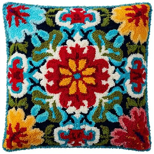 AxiangziK Bunte Blumen Kissenbezug Knüpfset,Blumen im Retro-mexikanischen Stil,Knüpfkissen Set,DIY Knüpfteppich Knüpfpackung,Latch Hook Kits für Kinder und Erwachsene,17x17in