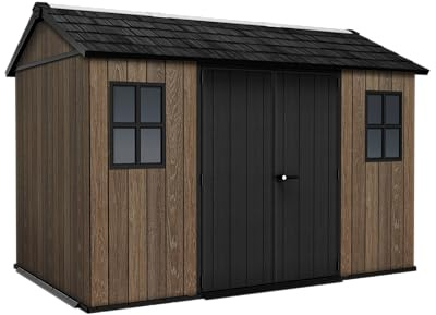 Keter Apex Gerätehaus 7,5x11, Kunststoff Geräteschuppen mit Oberlicht und Belüftung, abschließbar, wetterfest, Walnuss Holzoptik