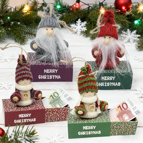 4er Set Mini-Geschenkschachteln mit süßen Wichteln 7.5 cm, Geldverpackung Weihnachten, Aufziehbare Schachtel für Geldgeschenke kleine Geschenke Präsente Geschenkverpackung Geld Gutschein Weihnachten