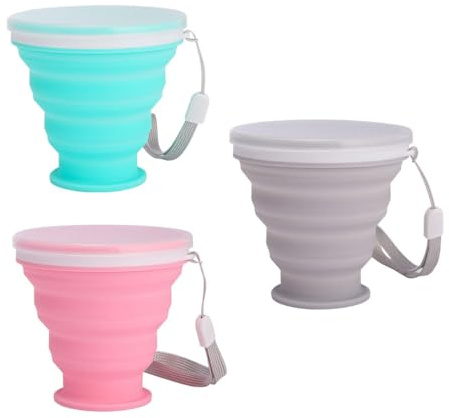 mkemka 3 Stück Faltbarer Becher Silikon mit Deckel Outdoor Camping Klappbecher Wiederverwendbares Faltbarer Becher für den Außenbereich Outdoor Camping Picknick Wandern Reisen