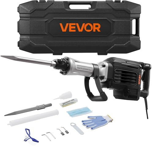 VEVOR Martello Demolitore, Potente Martello Pneumatico Elettrico da 3000 W, Avvitatore a Percussione per Calcestruzzo da 1700 BPM con Scalpello a Punta, Custodia per il Trasporto, Guanti