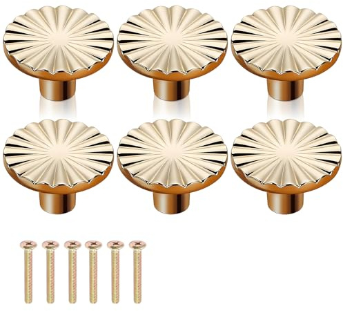 aieieii 6 Pcs Gold Drawer Knobs, Gold Knobs for Drawers Round Door Kitchen Hardware Cupboard Knob, Single Hole Handle with Screws for Home Decorating Cupboard Wardrobe (37mmx23mm)