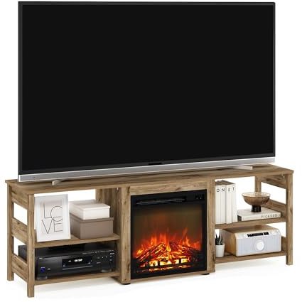 Furinno Classic Mueble para TV con Chimenea, Centro de Entretenimiento para TV de hasta 70 Pulgadas, con repisa Abierta, para Sala de Estar, Roble marrón