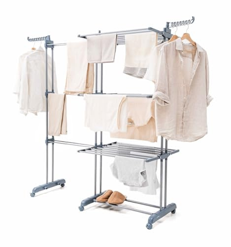 InnovaGoods® Tendedero Vertical plegable extensible tendedero alta capacidad con 22m de Espacio para Tender, 3 Niveles con 30 Barras Metálicas, 6 Alas, 2 colgadores para perchas, Ruedas 360º con Freno
