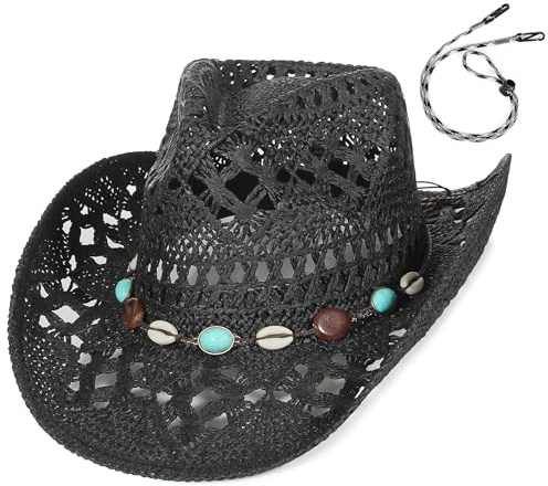 GEMVIE Straw Cowboy Hat for Women Ladies Summer Beach Straw Hat Shapable Brim Western Cowgirl Sun Hat with Turquoise Band and Chin Strap Black+Band（7-7 1/4）