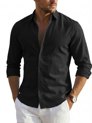 Runcati Camicia da Uomo a Maniche Lunghe, Estiva in Lino, da Uomo, vestibilità Normale, per Il Tempo Libero, Tinta Unita, da Spiaggia, da Lavoro, Casual, con Bottoni,Nero,M