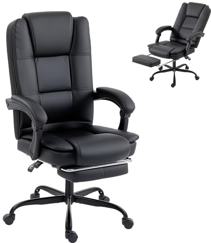 HOMCOM Sedia Ufficio Presidenziale Ergonomica Reclinabile 150° con Poggiapiedi, Sedia Scrivania Girevole Imbottitura Spessa, in Pelle PU, Braccioli Imbottiti, Schienale Alto, Altezza Regolabile, Nero