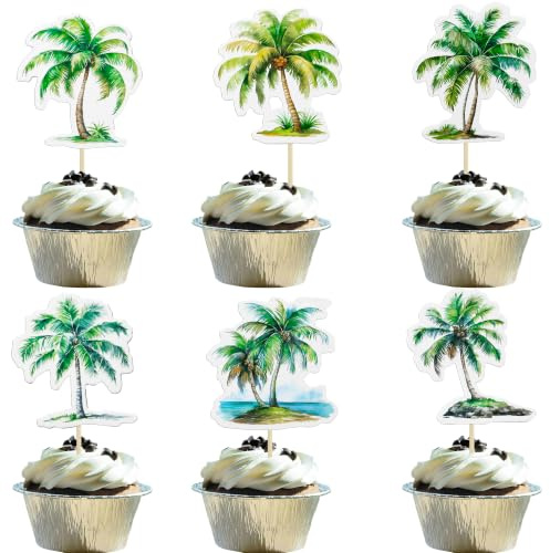 Ephlyn 36Pcs Palm Tree Cupcake Toppers Double Sided Green Palm Tree Coconuts Cupcake Picks for Tropical Summer Beach Hawaii Luau Theme Baby Shower Birthday Party Cake Decorations Supplies Green