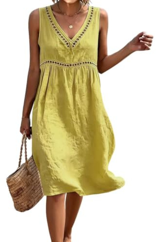 Onsoyours Robe D'Été Femme Longue Boheme Élégant sans Manches Midi Dress en Coton Lin Plage Décontractée Chic Trapèze Légère Fluide Robes Soirée