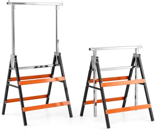 TANGZON 2 Pack Folding Saw Horses, Adjustable Trestle Stands | Heavy Duty Work Support Stands, 80-130 cm Height, 200 kg Capacity, Top Limit Clips, Non-Slip Feet for Workshop DIY