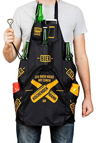 Froster Schürze für einen kochenden Mann Grillschürze für Männer Kochschürze mit Taschen einschließlich 4 Bier-Taschen