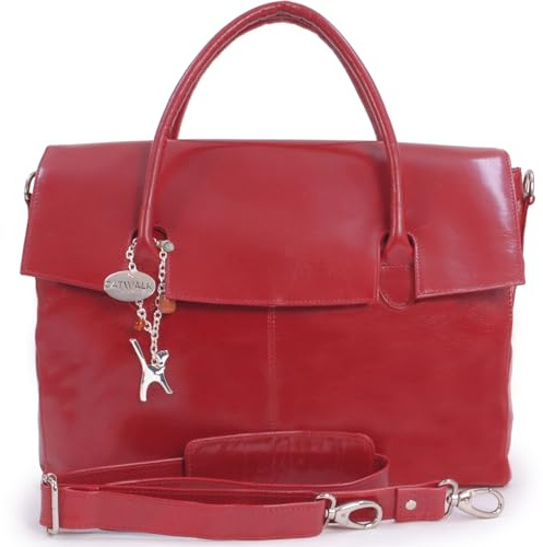 Catwalk Collection Handbags - Damen Leder Laptoptasche 17 Zoll - Arbeitstasche Extra Groß - Aktentasche mit Schultergurt - Helena - Rot
