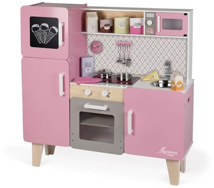 Janod - Maxi Cucina Giocattolo in Legno Macaron - Cucina per Bambini con Frigo e Forno a Microonde - Imitazione e Sviluppo - 15 Accessori Inclusi - A Partire dai 3 Anni, J06571, Rosa