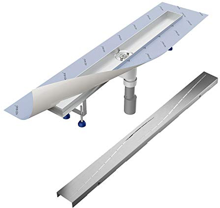 Aquabad Duschrinne SDS Pro 120 cm gebürsteter Edelstahl inkl. Haarsieb, Abgang senkrecht, Blende MODERN, linearer Bodenablauf, Komplettset