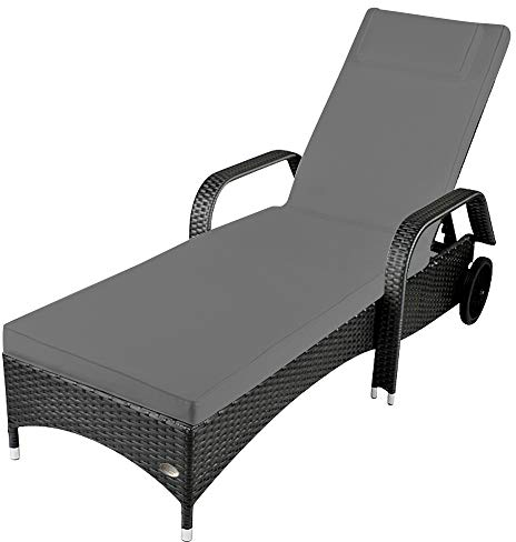 RS Trade Sonnenliege Toscana Silber/Grau - Outdoor Liege mit beständigem Poly-Rattan-Geflecht - verstellbare Rückenlehne - Armlehnen & breite Liegefläche - inkl. Kopfteil und Auflage