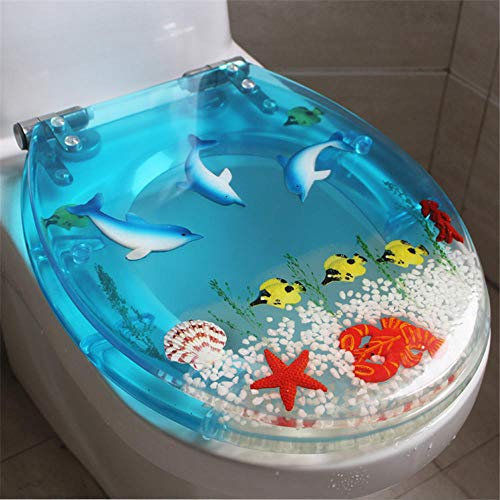 FTYYSWL WC-Deckel aus Harz, Befestigung oben, WC-Sitz, U/V/O-Form, WC-Sitze, Schnellwechselscharniere, Absenkautomatik, einfache Montage, hellblauer Delfin