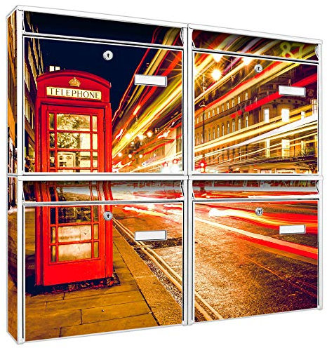 banjado Briefkastenanlage 4 Fach - Postkästen groß - verzinkter Stahl weiß DIN A4 Motiv Red Telephone - Briefkasten Set 4 Briefkästen Namensschild, 2 Schlüssel, Montagematerial