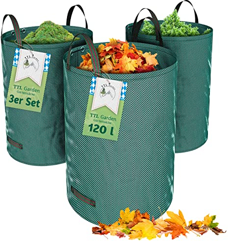 TTL Garden - Lot de 3 sacs de jardin de 120 l - Autoportants - 4 poignées - 150 g/m² - Extra stables et robustes - Pliable - Pour herbe, feuilles, haie, déchets de jardin - Coupe verte