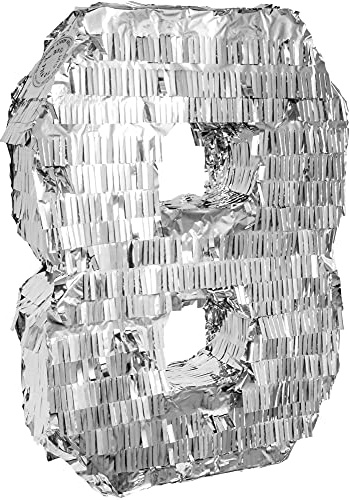 Goodtimes Pinata Zahl 8 in Silber 40cm hoch Partyspiel Zum Befüllen mit Süßigkeiten und zerschlagen Als Geschenkidee für Geburtstag Hochzeit JGA