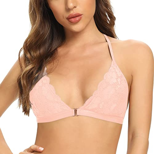 SHEKINI Dam-BH utan bygel med stängning fram, bralette, damer, spets, triangelbh, spetsbh, vadderad underklänning, sexig crop top, ROSA, XXL