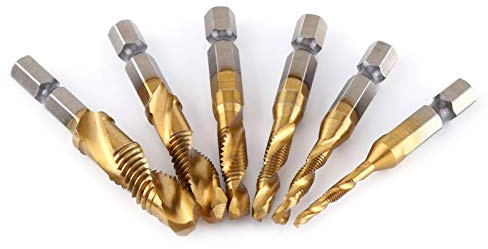 Drill and Tap Bit Set, 6 Pcs Thread Tap Kit Metric Thread M3-M10 Titanium Coated HSS Drill and Tap Bits 1/4 Hex Shank
