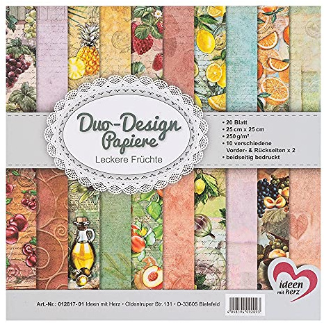 Ideen mit Herz Duo-Design-Papiere | Block mit 20 Blatt Bastelpapier | 25 x 25 cm | 250g/m² | beidseitig bedruckt | Designpapier, Motivpapier | ideal für Scrapbooking, Basteln (Leckere Früchte)